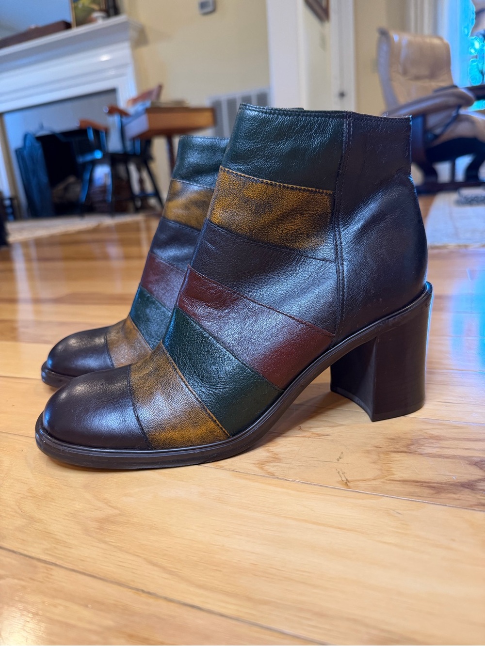 Vintage Roche Brazil Leather Patchwork Boots 8M Colorblock Block Heel 90s Boho